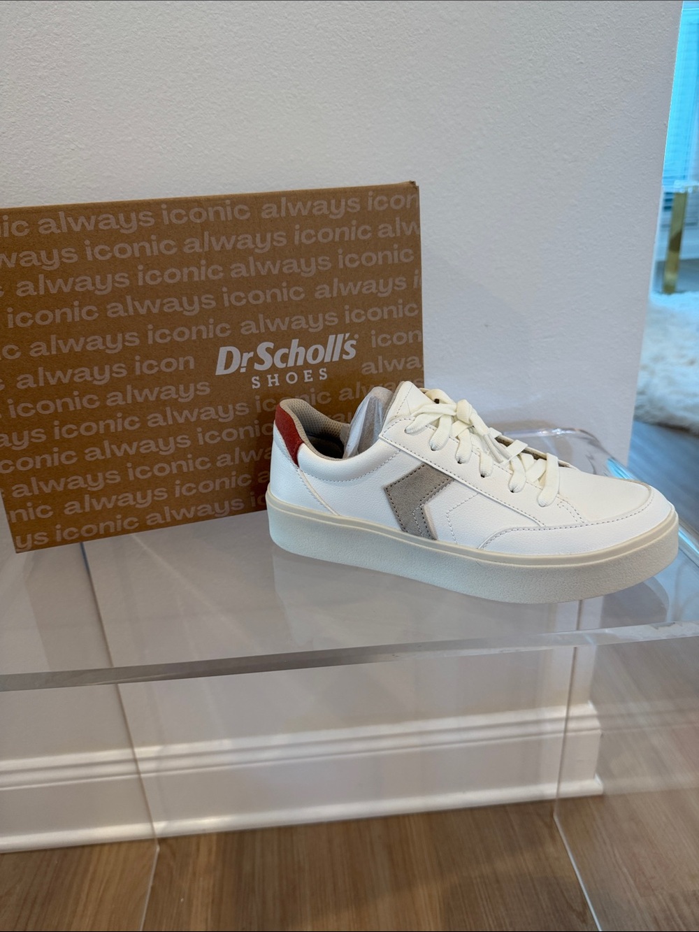 Dr. Scholl's White Sneakers with Gray Side Chevron and Red Heel Tab